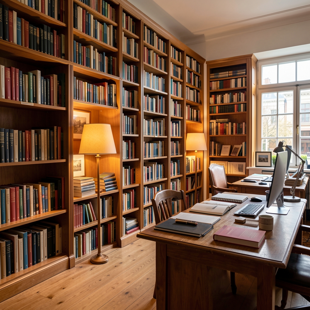 Välordnat biblioteksrum med höga bokhyllor fyllda med böcker, varmt lampljus och ett studierum som utstrålar lugn, lärdom och redaktionell noggrannhet