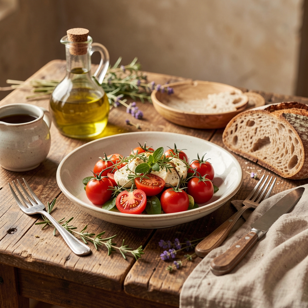 Medelhavsinspirerad måltid med olivolja, tomater, örter och bröd på ett rustikt bord med naturliga texturer och varmt ljus