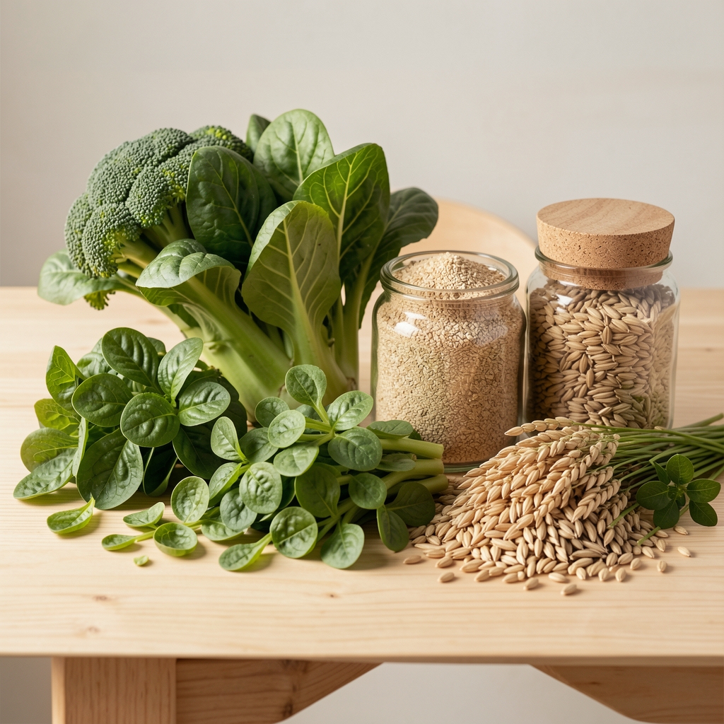Fräscha grönsaker, baljväxter och fullkornsprodukter arrangerade på ett ljust träbord – en naturlig och neutral illustration av växtbaserade livsmedel