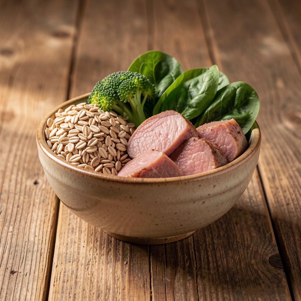Skål med balanserade färska livsmedel – fullkorn, grönsaker och magert protein på en rustik träyta med varmt mjukt ljus och naturliga texturer