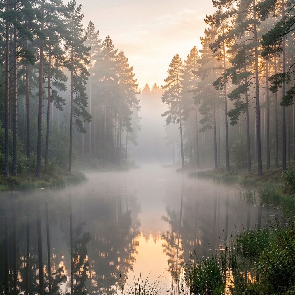 Lugnt skogslandskap vid gryning med mjukt diffust ljus som filtreras genom höga tallar och dimma över en stilla sjö