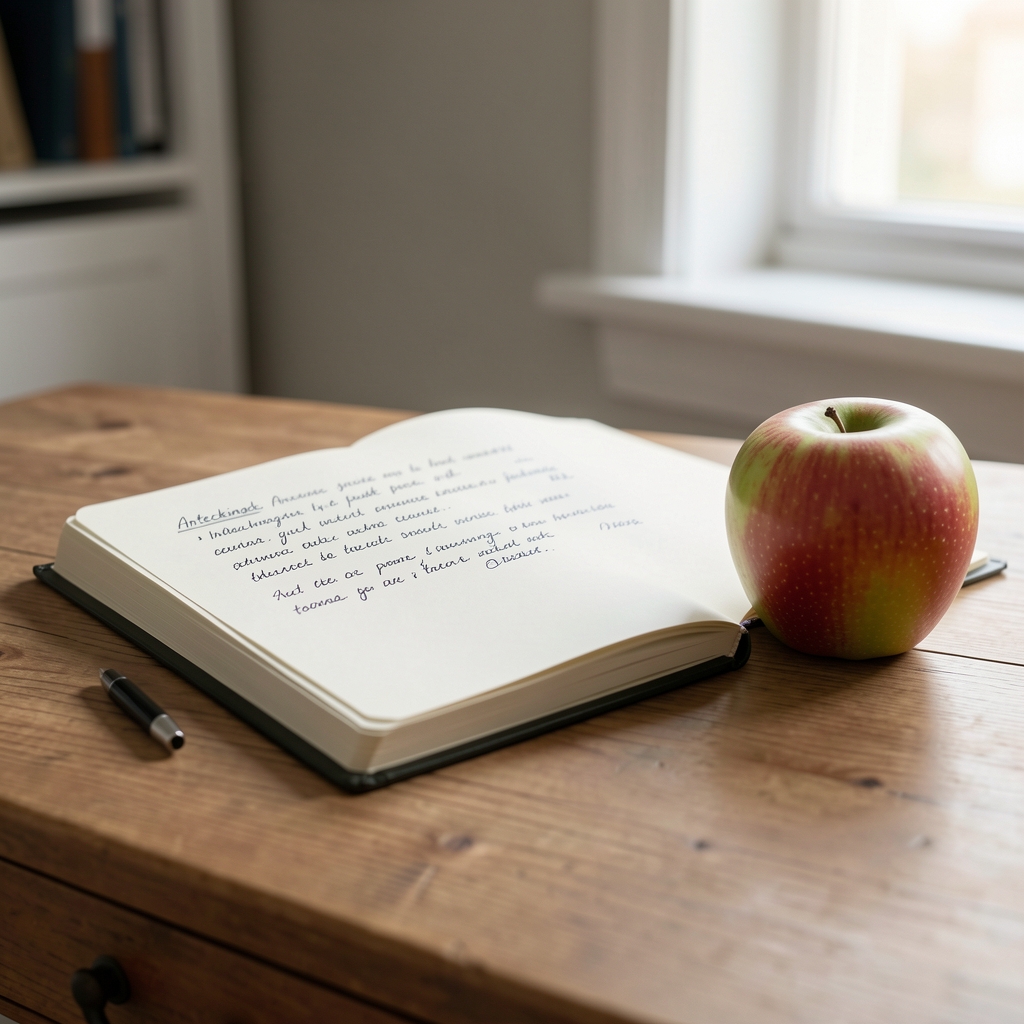Anteckningsbok med handskrivna noteringar och ett äpple vid sidan om på ett skrivbord i mjukt dagsljus – illustration av reflektion och analys utan produktfokus