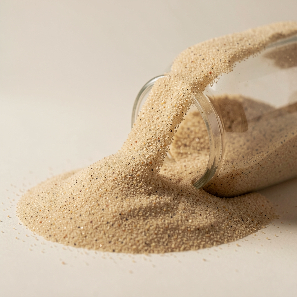 Närbild av sandglashäll med fint sand som rinner i lugnt tempo mot en neutral, ljus bakgrund – symbol för tålamod och process