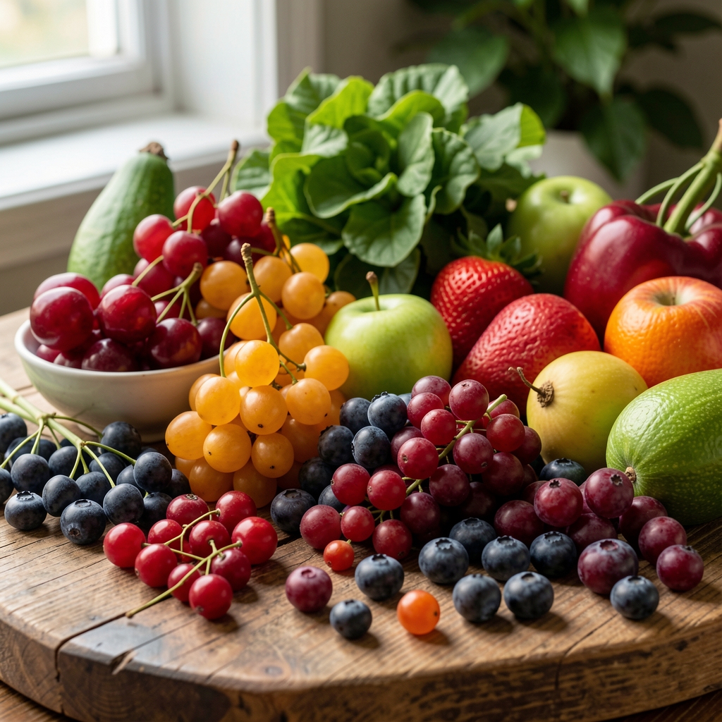 Sortiment av färgglada bär och grönsaker på ett träbord i naturligt ljus, som illustrerar mångfald i kost utan att lyfta fram ett enskilt livsmedel