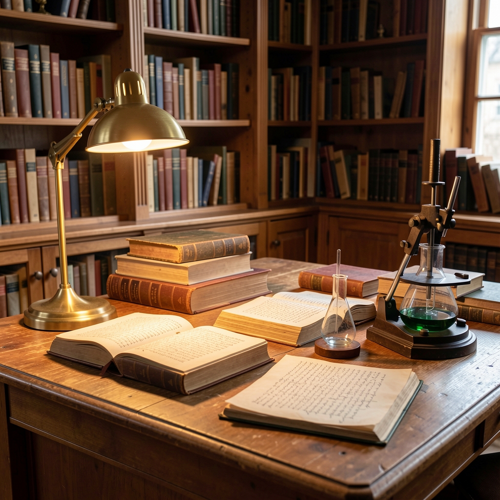 Gamla handskrivna böcker och vetenskapliga instrument på ett biblioteksbord med varmt ljus från en lampa – miljö som förmedlar historisk kunskap och lärdom
